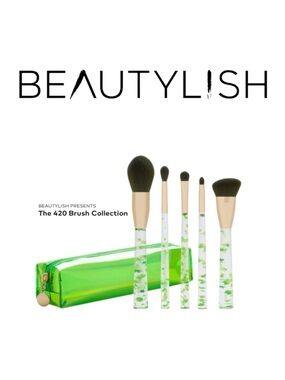Beautylish 420 Brush Collection 5 Brushes with Neon Green Zipper Case NWT